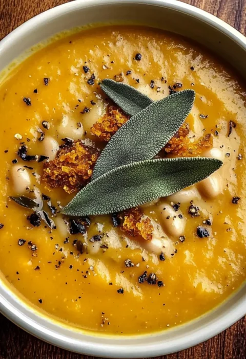 Butternut Kürbis Weiße Bohnen Suppe mit knusprigem Salbei